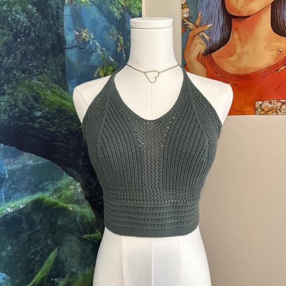 aerie green crochet halter knit top y2k coquette festival - Picture 6 of 6